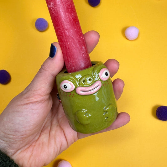 Miniature candle holder with a minor defect “Frog with a little butt and a ladybug”